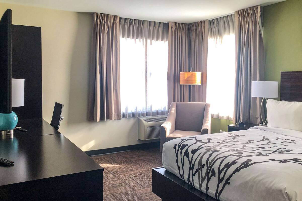 A hotel room with a bed, a desk, a chair, a lamp, and a large window with curtains.