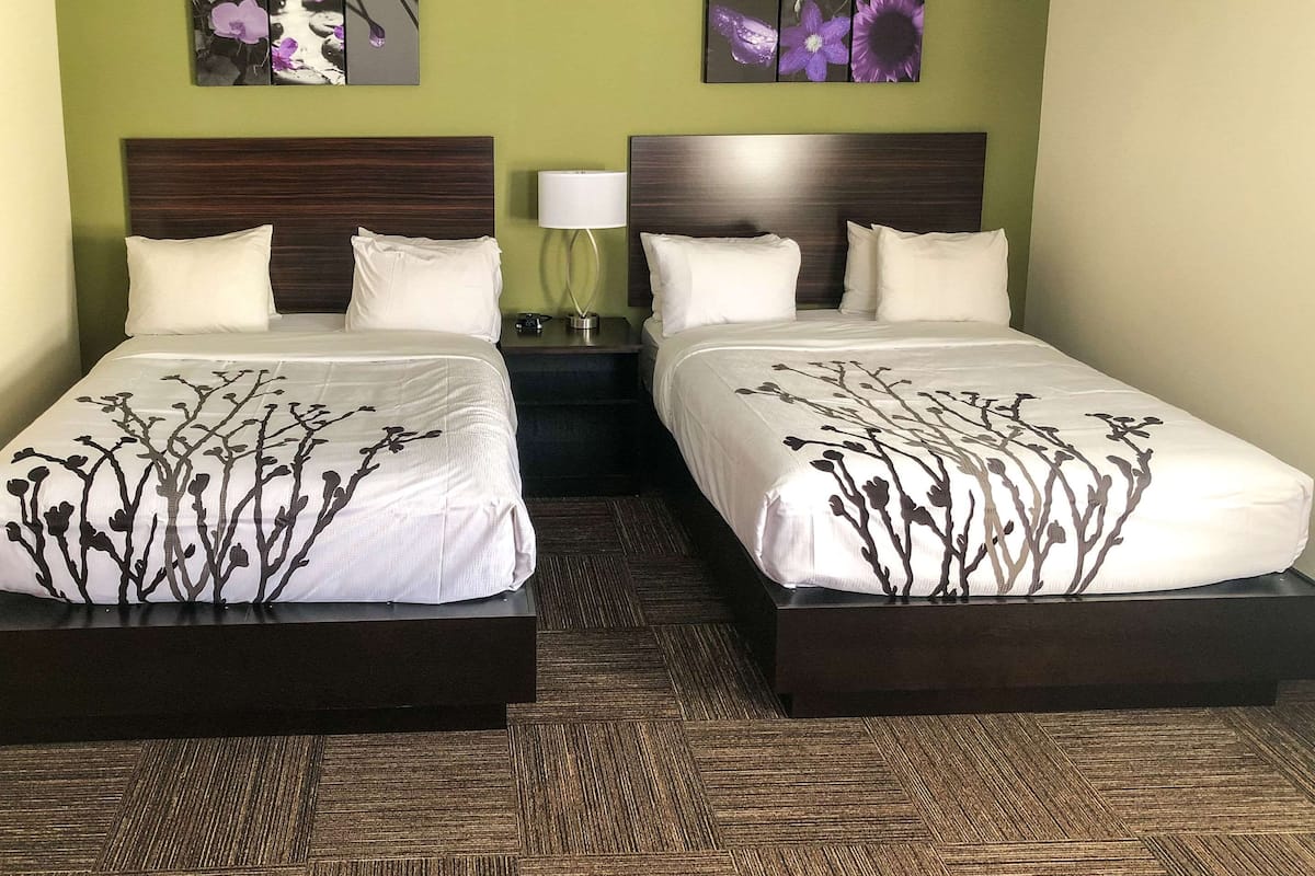 A hotel room with two beds, each with a dark headboard and white bedding with a floral pattern. There is a nightstand with a lamp between the beds, and the walls are painted green.
