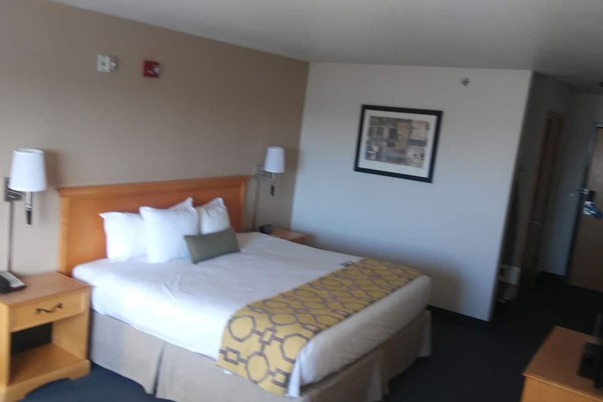 Una habitación de hotel con cama, lámparas de noche, mesitas de noche, armario y un cuadro en la pared.