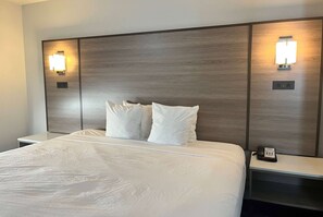 Una habitación de hotel con una cama grande, dos mesitas de noche e iluminación fijada a la pared.