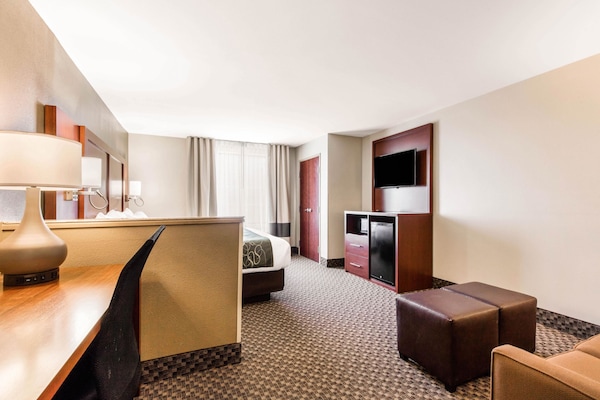 Desk, laptop workspace, blackout curtains, iron/ironing board