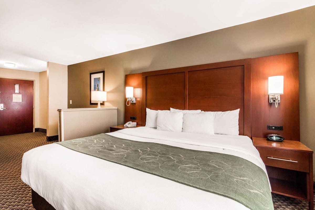 A hotel room with a large bed, a wooden headboard, two bedside lamps, a nightstand, and a carpeted floor.