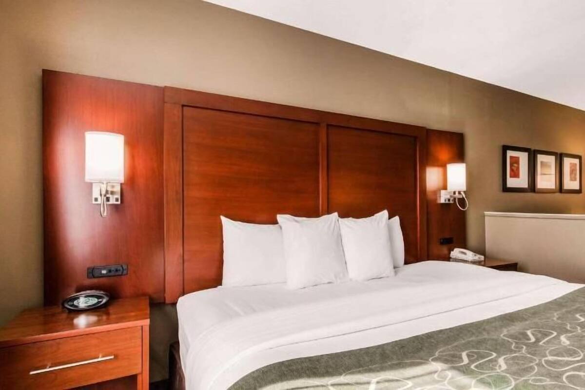 A hotel room with a large bed, wooden headboard, bedside tables, a telephone, and wall-mounted lamps.