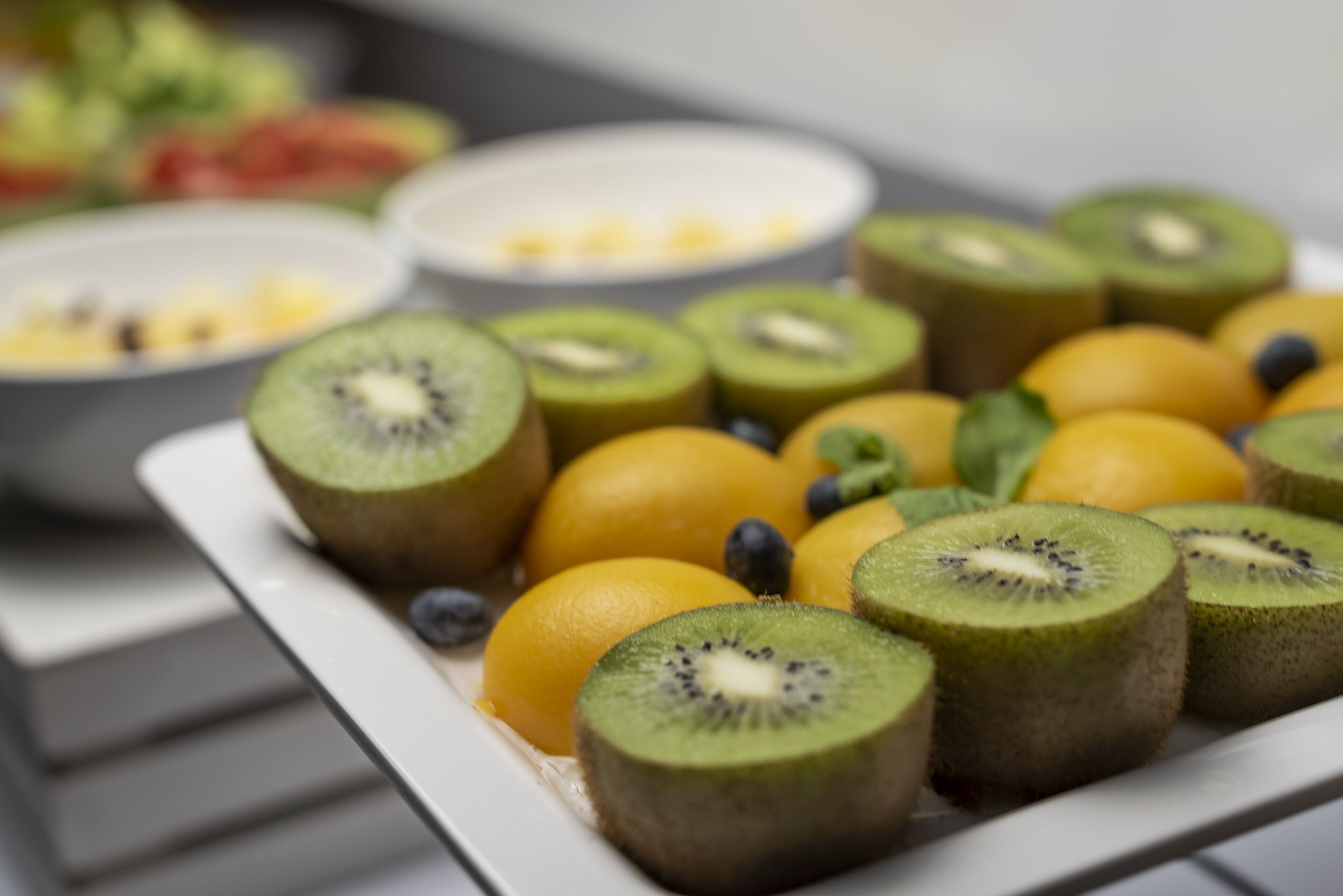 A tray of sliced kiwi, oranges, and blueberries.