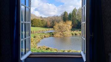 A room with a window overlooking a pond and trees.