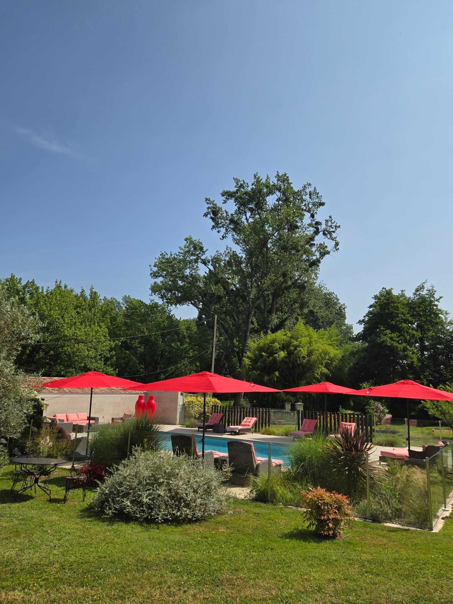 Seasonal outdoor pool, pool umbrellas, pool loungers