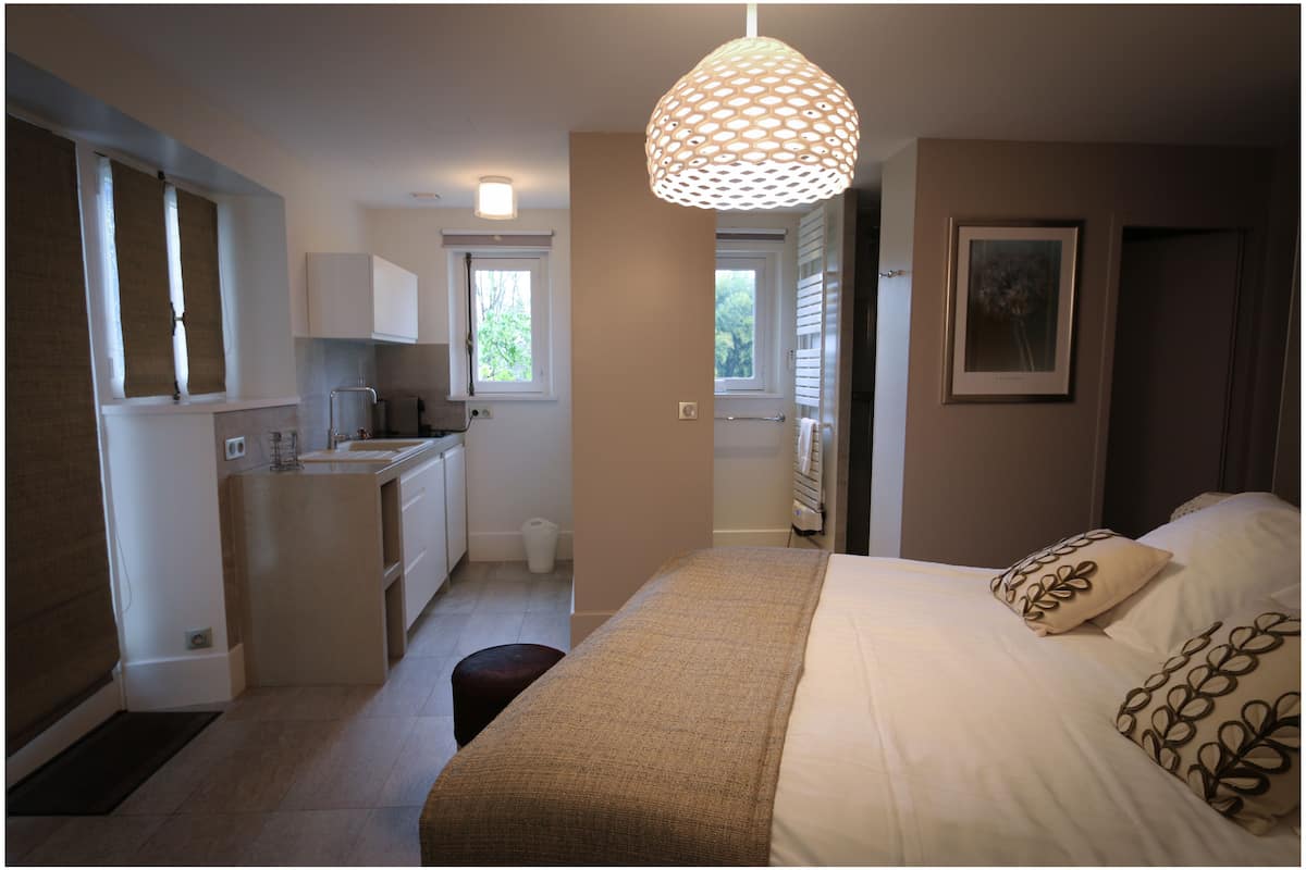 A compact hotel room with a kitchenette, a bed with decorative pillows, and a hanging light fixture.