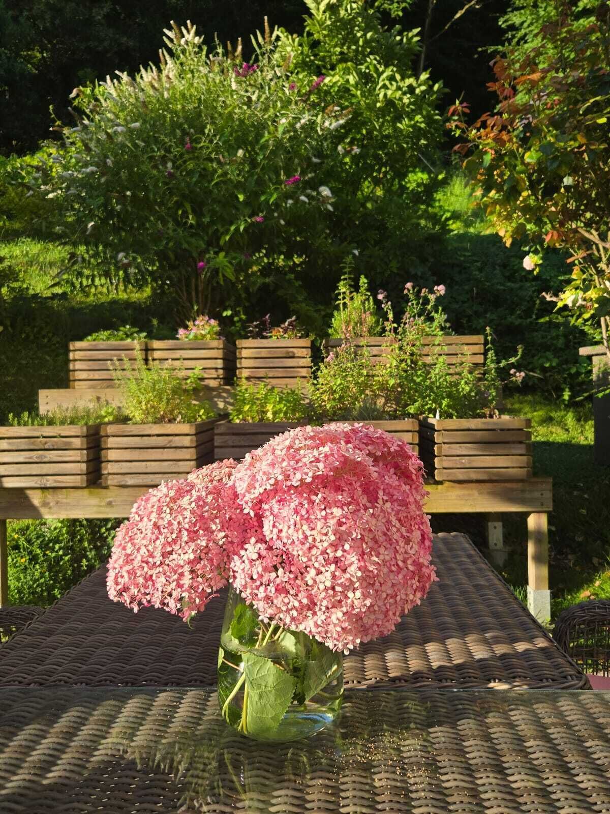 A garden with a wooden bench and a table with a glass vase containing pink flowers.