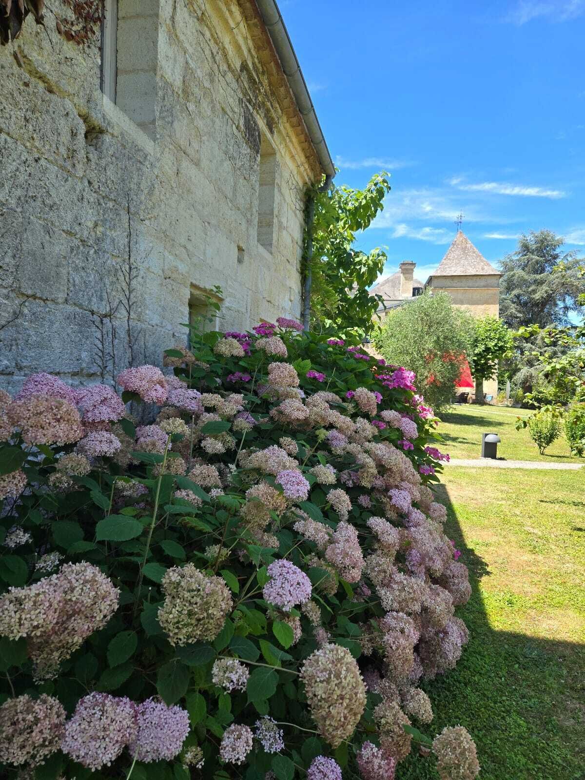 Un edificio de piedra con un jardín delantero.