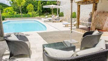Seasonal outdoor pool, pool umbrellas, sun loungers