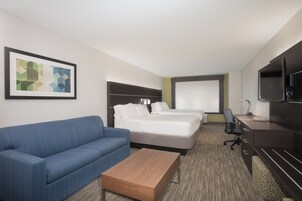 Desk, laptop workspace, blackout drapes, iron/ironing board