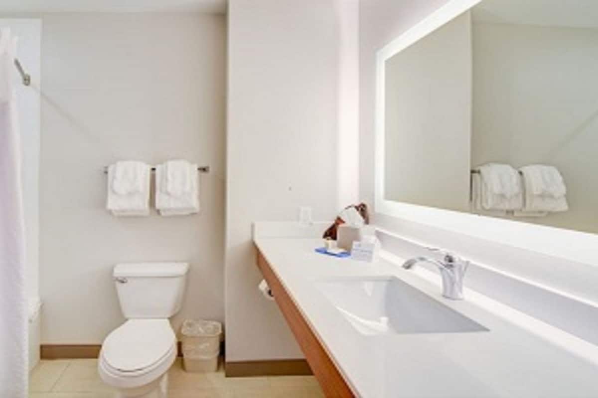 combined shower/bathtub, free toiletries, hair dryer, towels