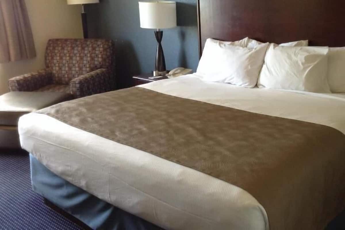 A hotel room with a large bed, a chair, a lamp, and a telephone.