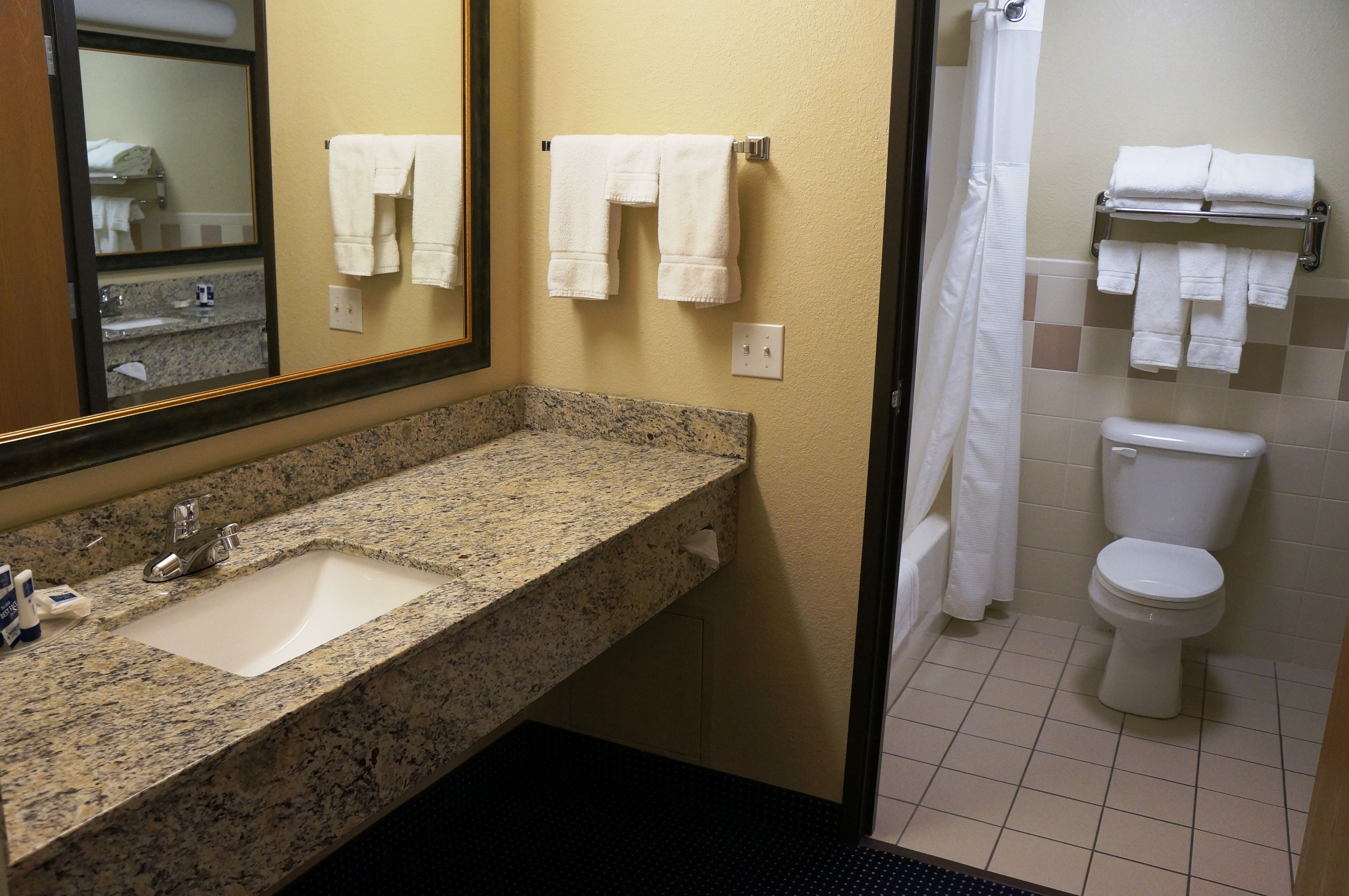 A bathroom with a granite countertop sink, a mirror, a toilet, and a shower curtain.