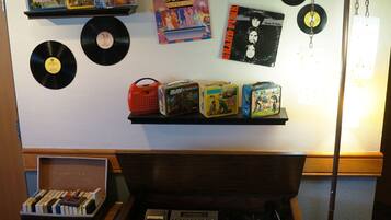 Music lovers can unwind in this room, surrounded by a unique collection of vinyl records and music memorabilia.