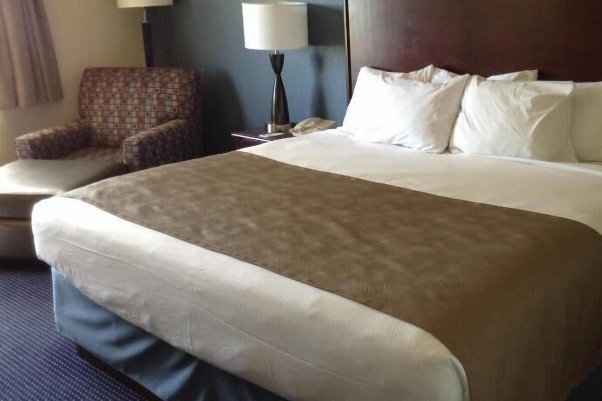 A hotel room with a large bed, a chair, a lamp, and a telephone.