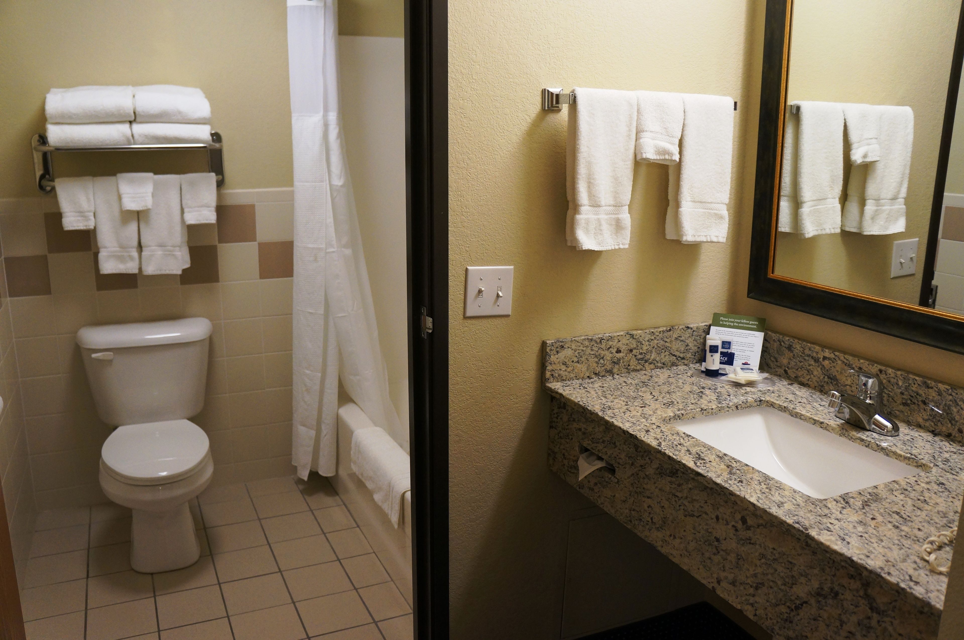 combined shower/bathtub, free toiletries, hair dryer, towels