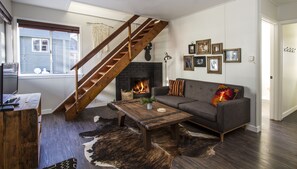 Cabin, 1 Bedroom (1 bedroom + loft, A frame) | Living area | 27-inch flat-screen TV with cable channels, TV - Noon Lodge at Mallard Bay (Big Bear Lake)