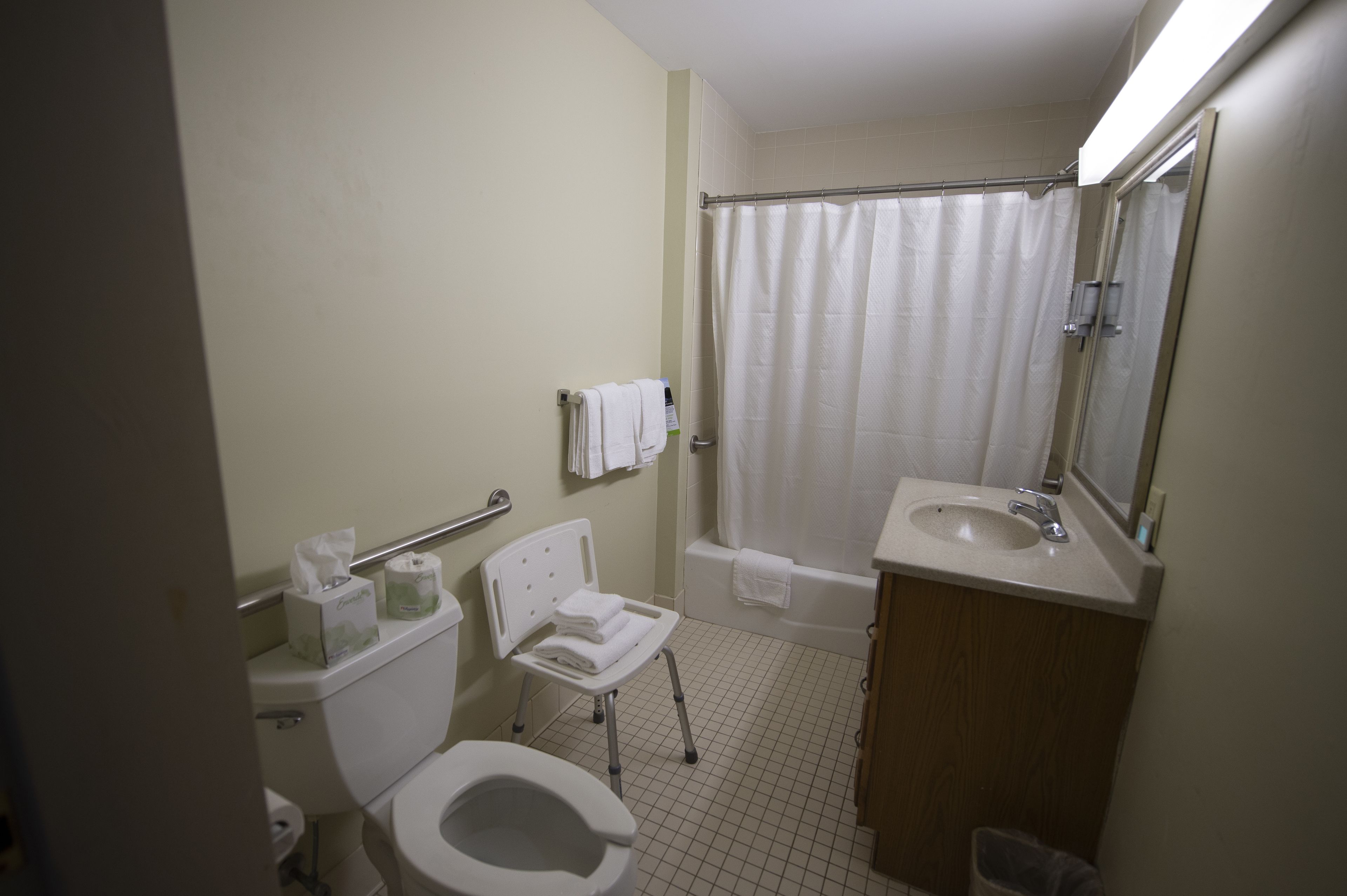 Un baño estándar con inodoro, ducha, lavabo y espejo.