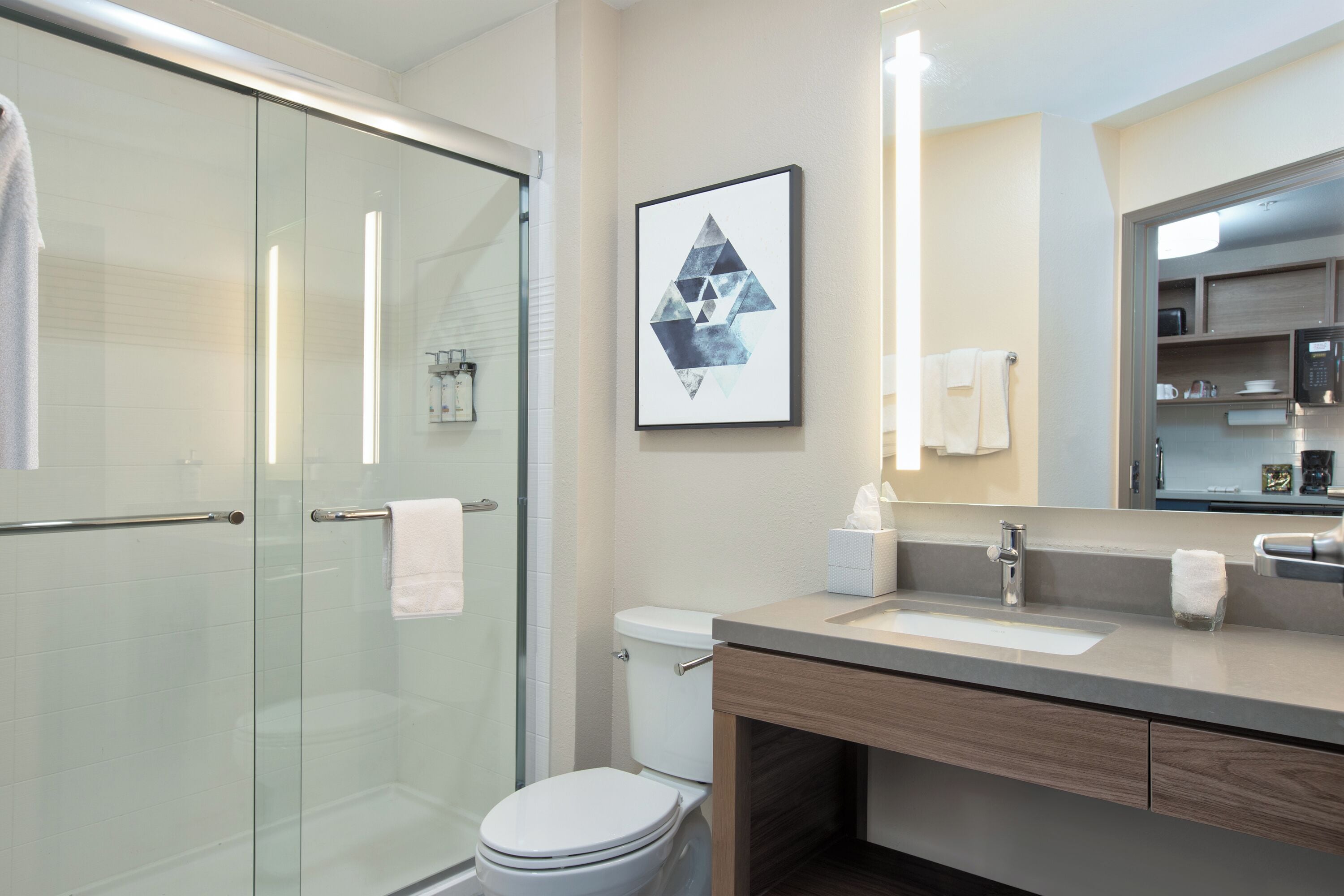 A modern bathroom with a glass shower enclosure, a toilet, a sink with a mirror, and a framed artwork on the wall.