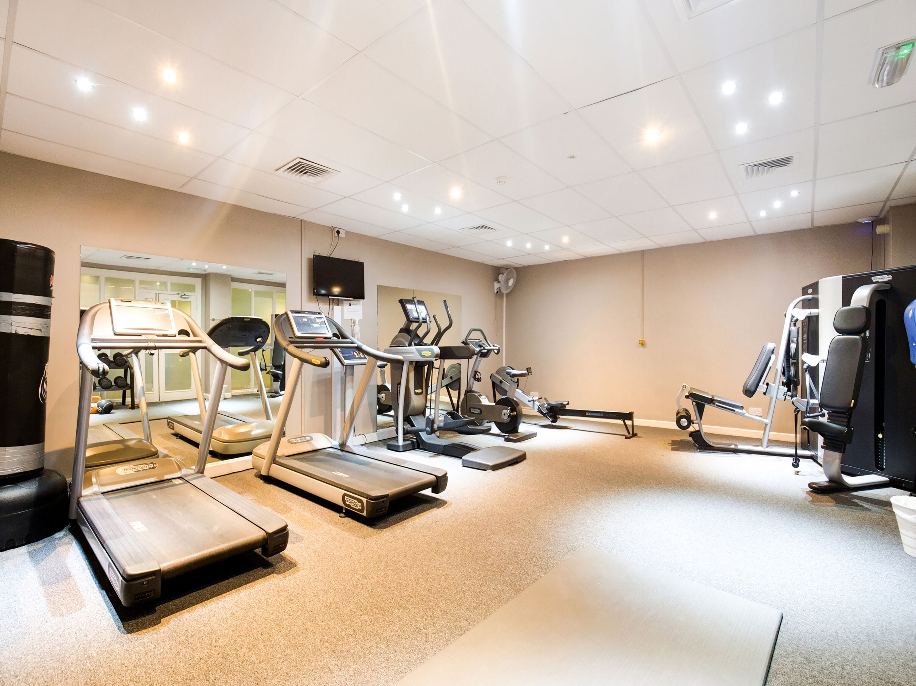 A gym with treadmills, elliptical machines, and weight equipment.