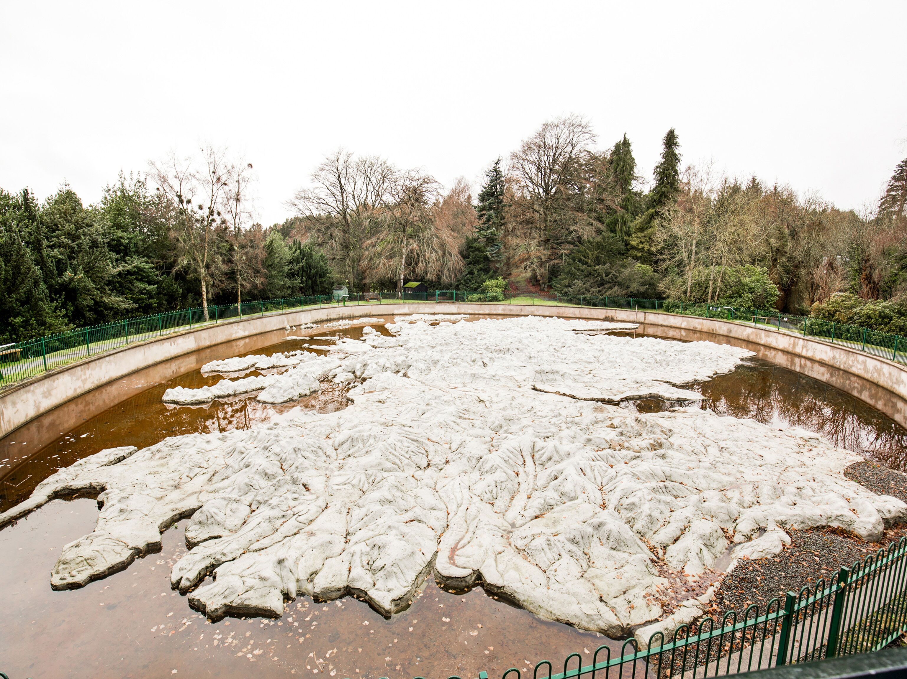 A large outdoor pool with ice formations and a surrounding green fence.