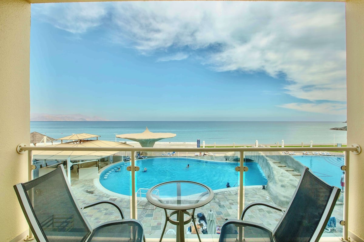 A poolside view with a clear sky, a pool, and lounge chairs.