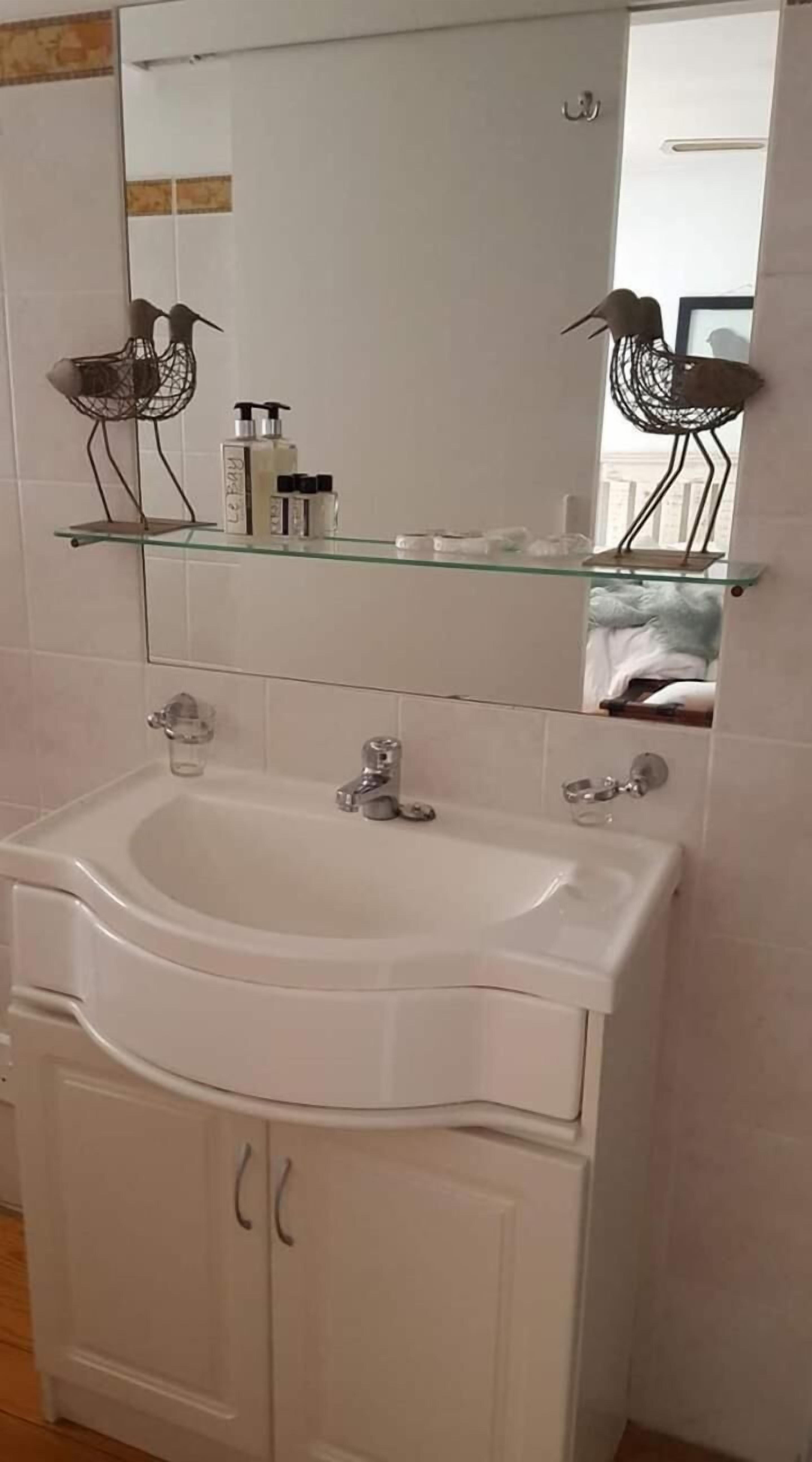 A bathroom with a white sink, a glass shelf above it, and a large mirror.