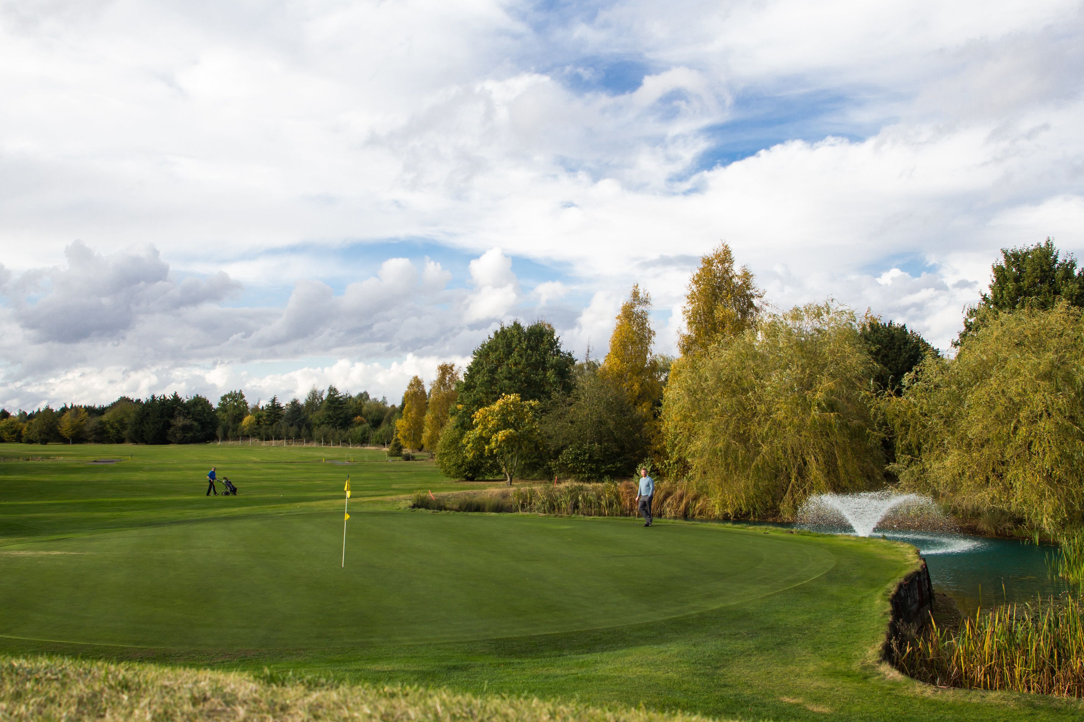 Un campo de golf con un obstáculo acuático, árboles y un cielo nublado.