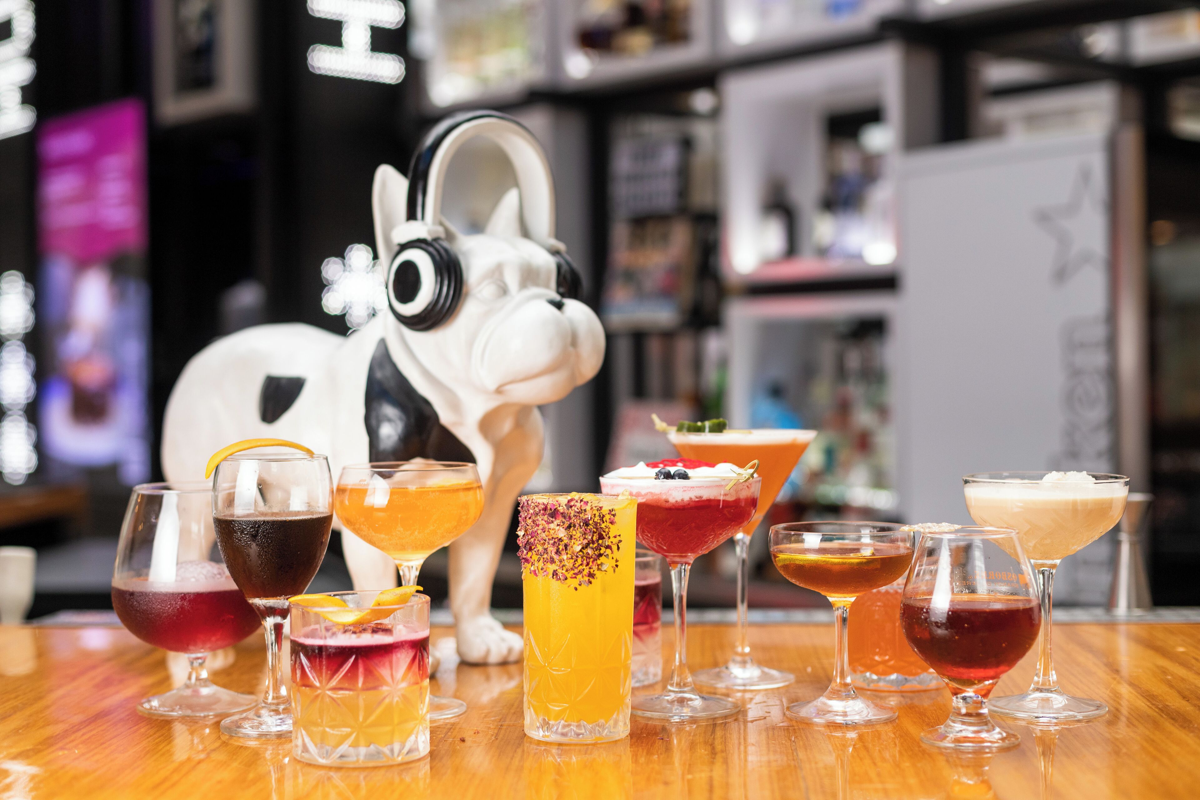 Eine Bar mit verschiedenen Cocktails und einer Hundestatue mit Kopfhörern.
