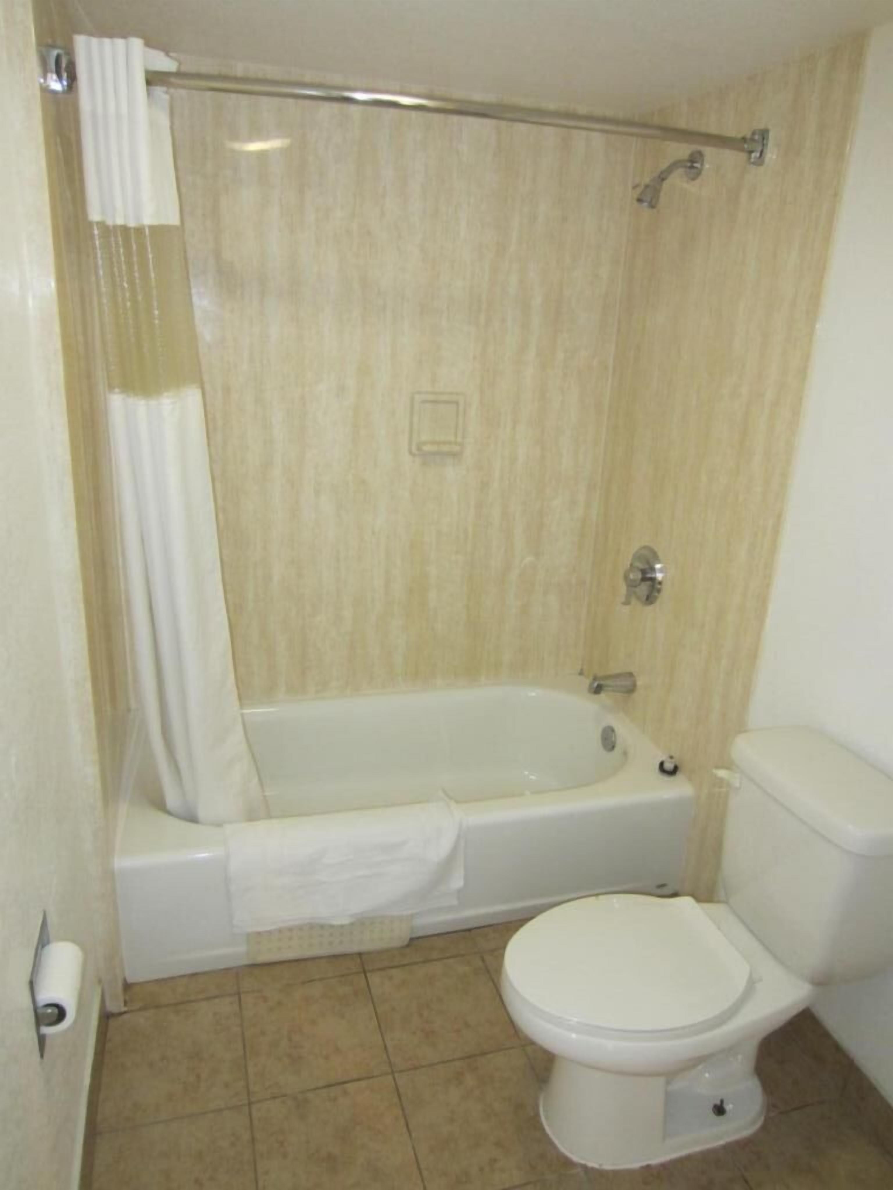 A bathroom with a bathtub, toilet, and a shower curtain.