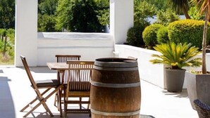 Una terraza con mesa y sillas, un barril de madera y plantas en macetas.
