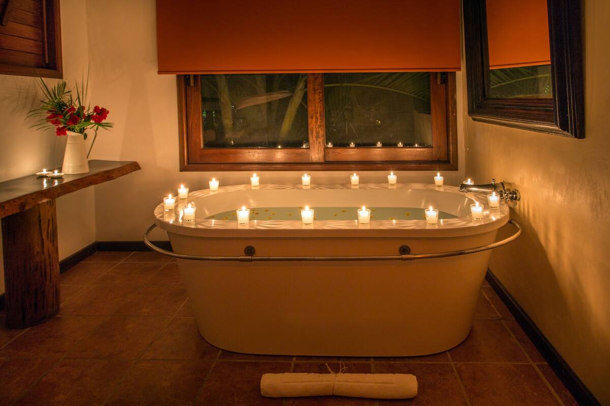 shower, rainfall showerhead, designer toiletries, hair dryer