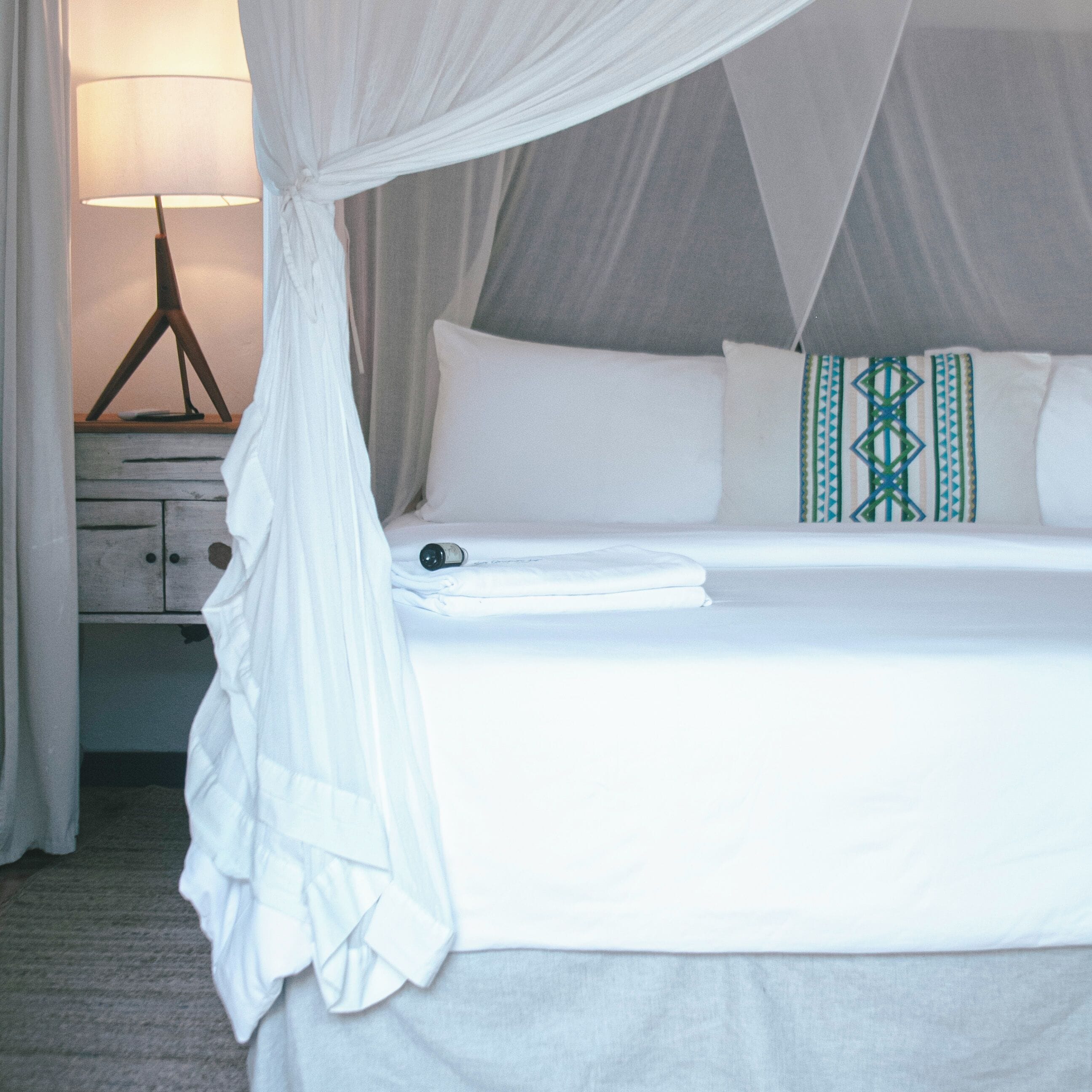 A bed with a canopy, a bedside table with a lamp, and a patterned pillow.