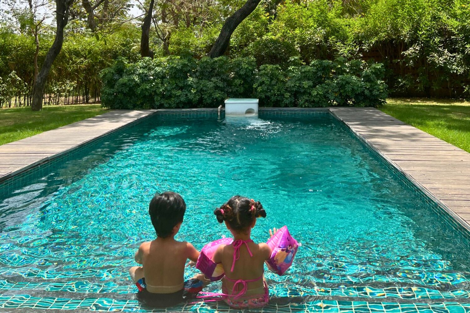 Une piscine rectangulaire dont les bords sont recouverts de carreaux, entourée d’une terrasse en bois et d’une végétation luxuriante.