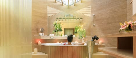 Separate bathtub and shower, rainfall showerhead, hair dryer, bathrobes