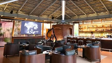 A bar area with seating, a television screen, and a bartender.