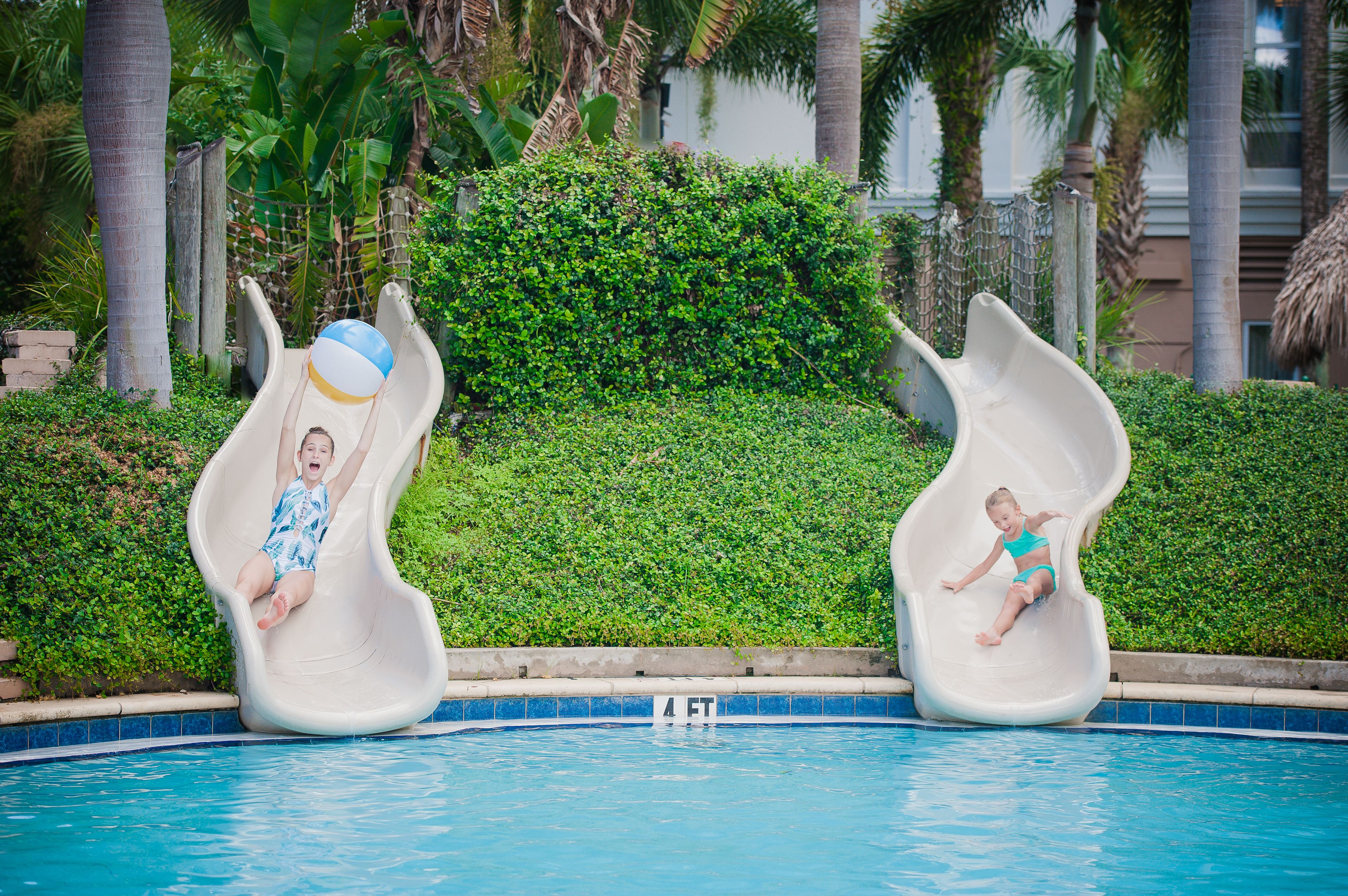Two water slides in a pool area with a hedge and palm trees in the background.