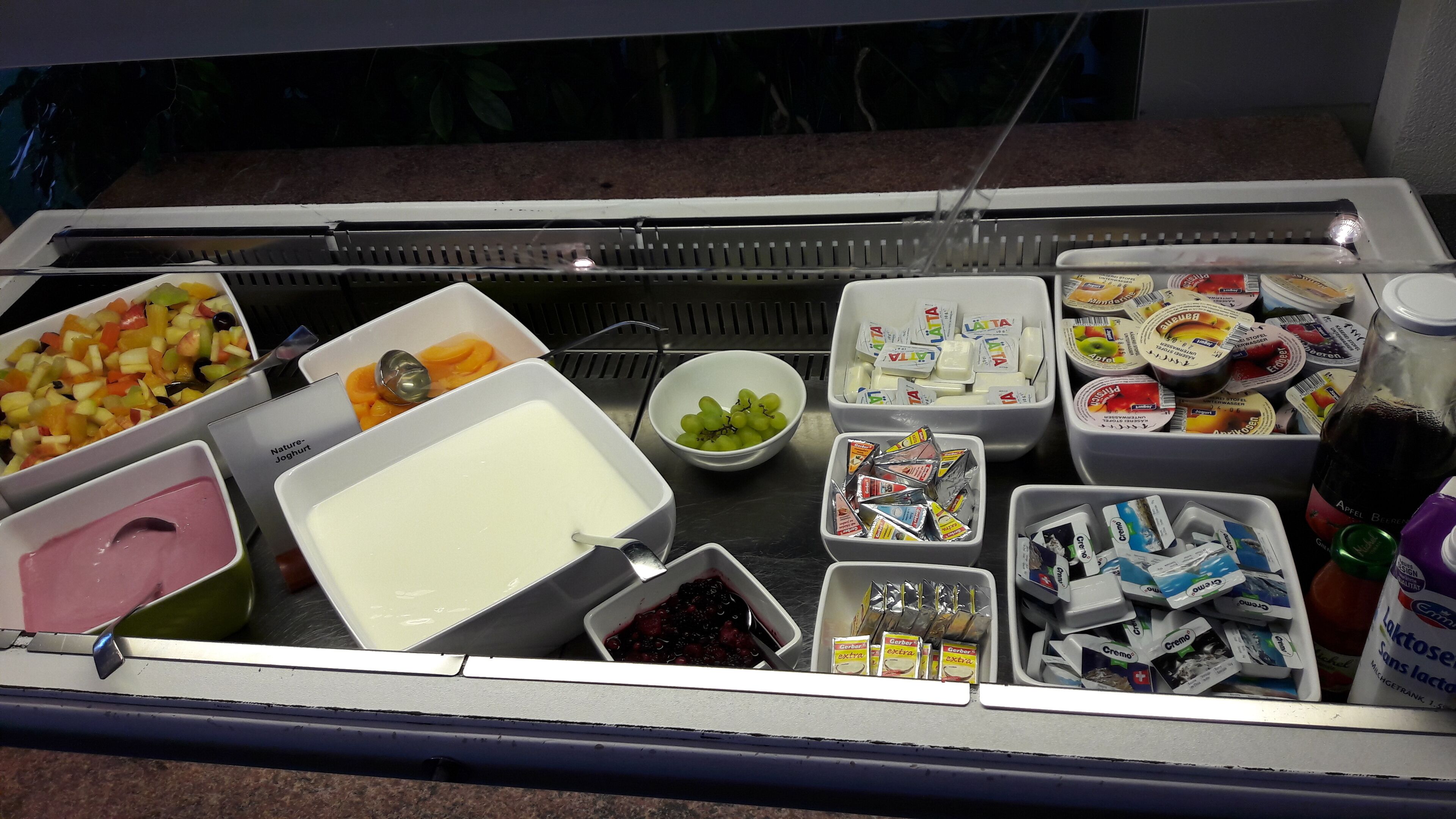 Vitrina refrigerada con diversos alimentos, incluyendo yogur, fruta y salsas.