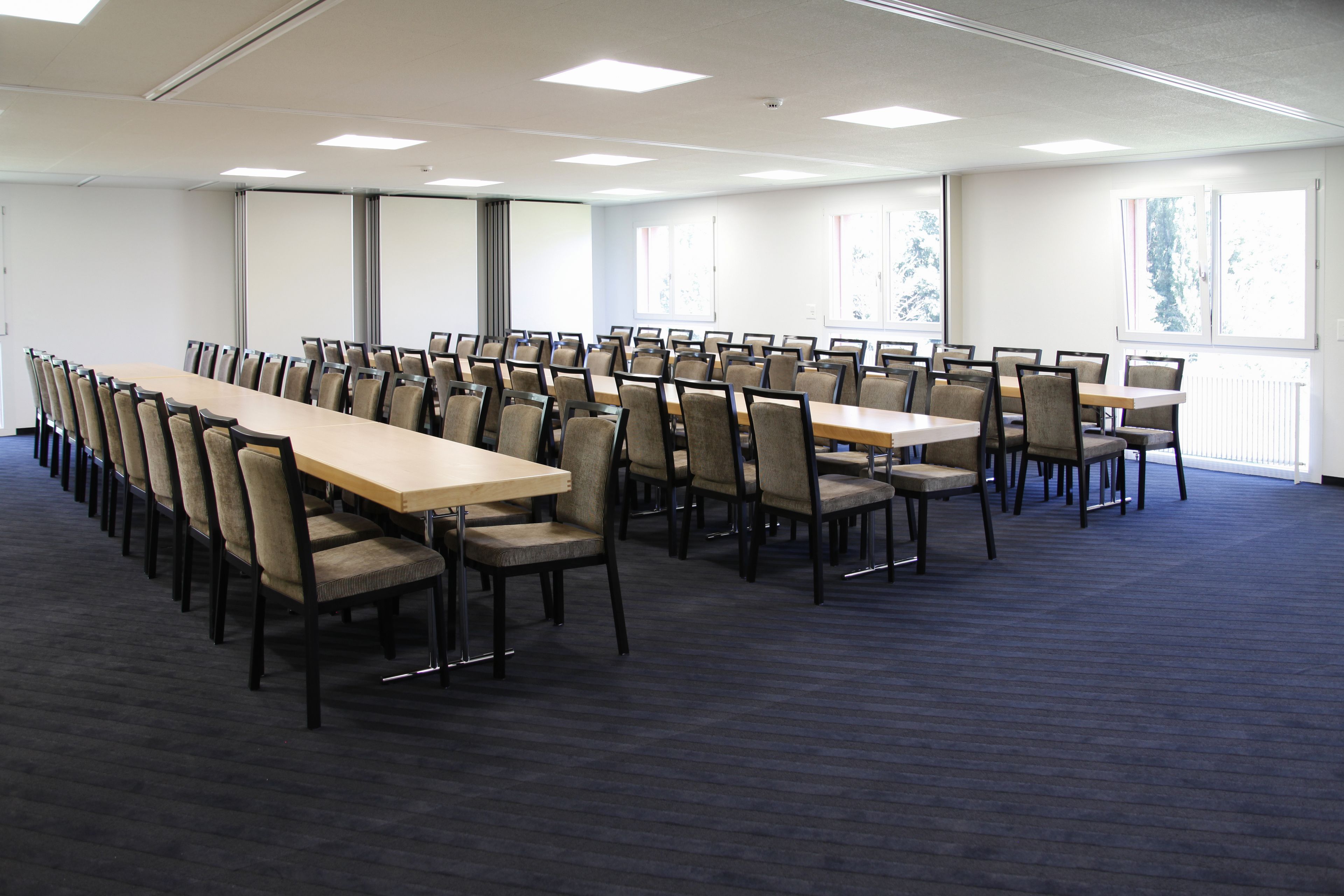 A conference room with a long table and multiple chairs, large windows with blinds, and a carpeted floor.