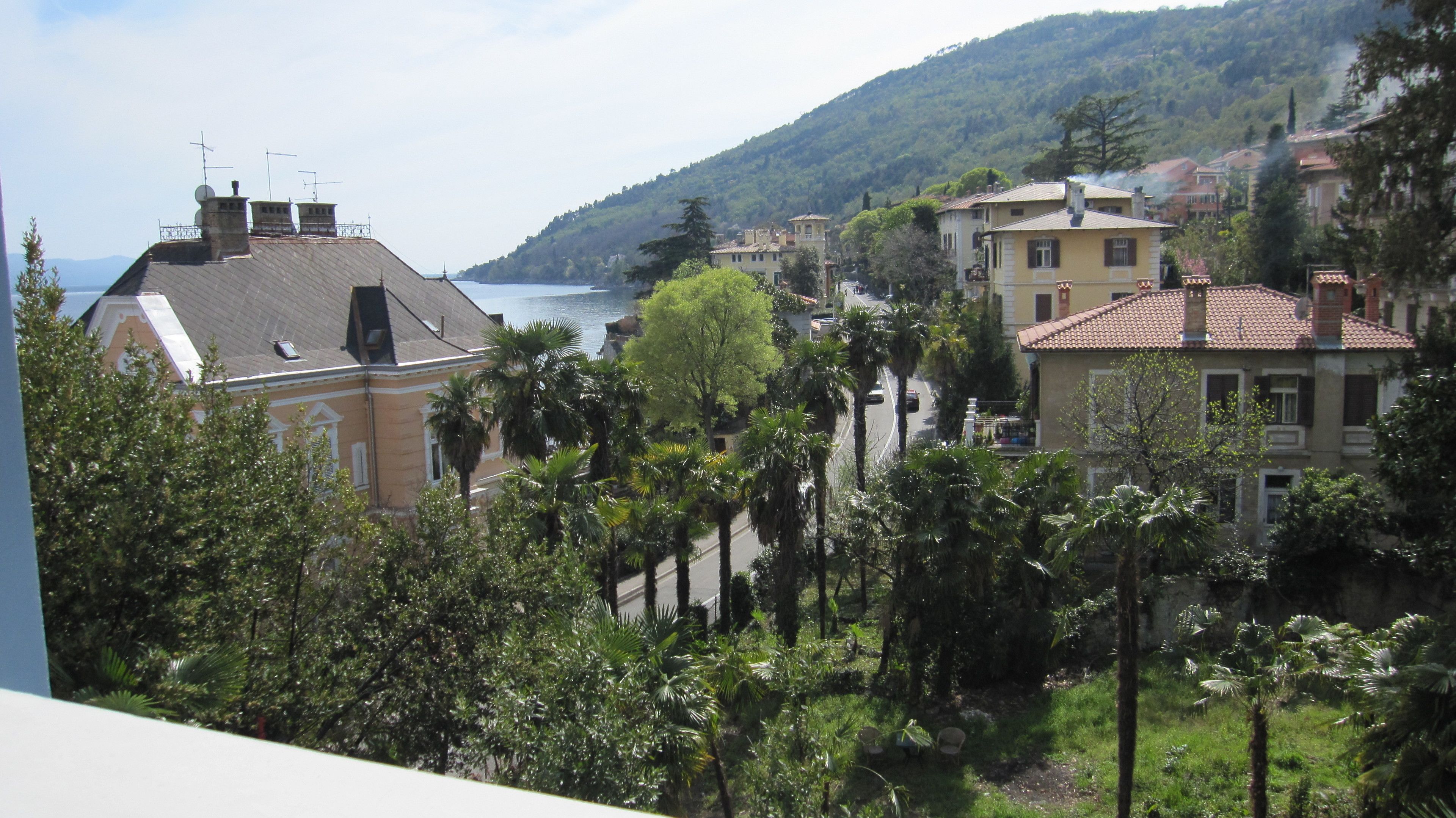 Une ville côtière avec des bâtiments, une vue sur la mer et une végétation luxuriante.