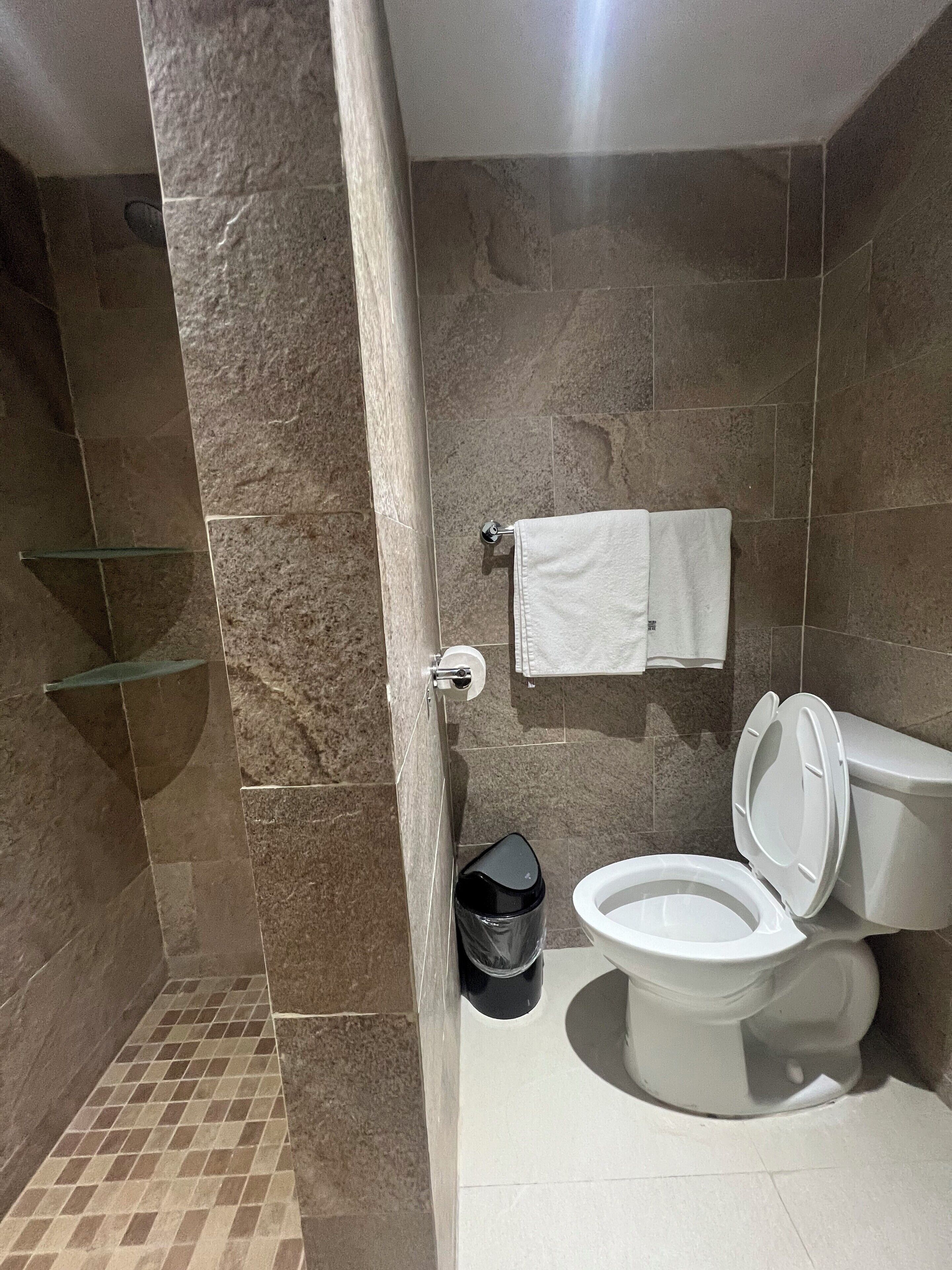 Un baño con inodoro, un cubo de basura y zona de ducha con puerta de cristal.