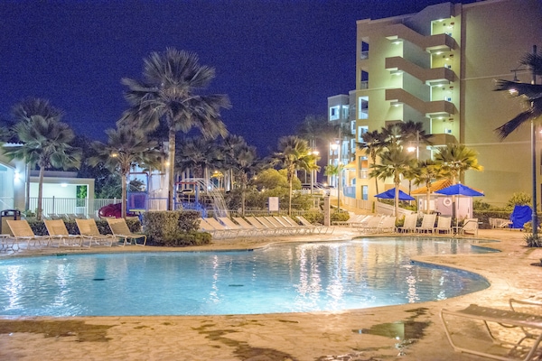 Outdoor pool, pool umbrellas, pool loungers