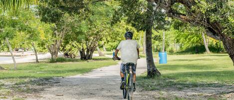 Una persona in bicicletta su un sentiero sterrato, circondata da alberi.