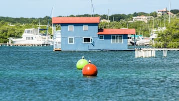 A blue houseboat docked at a marina with two buoys in the water.