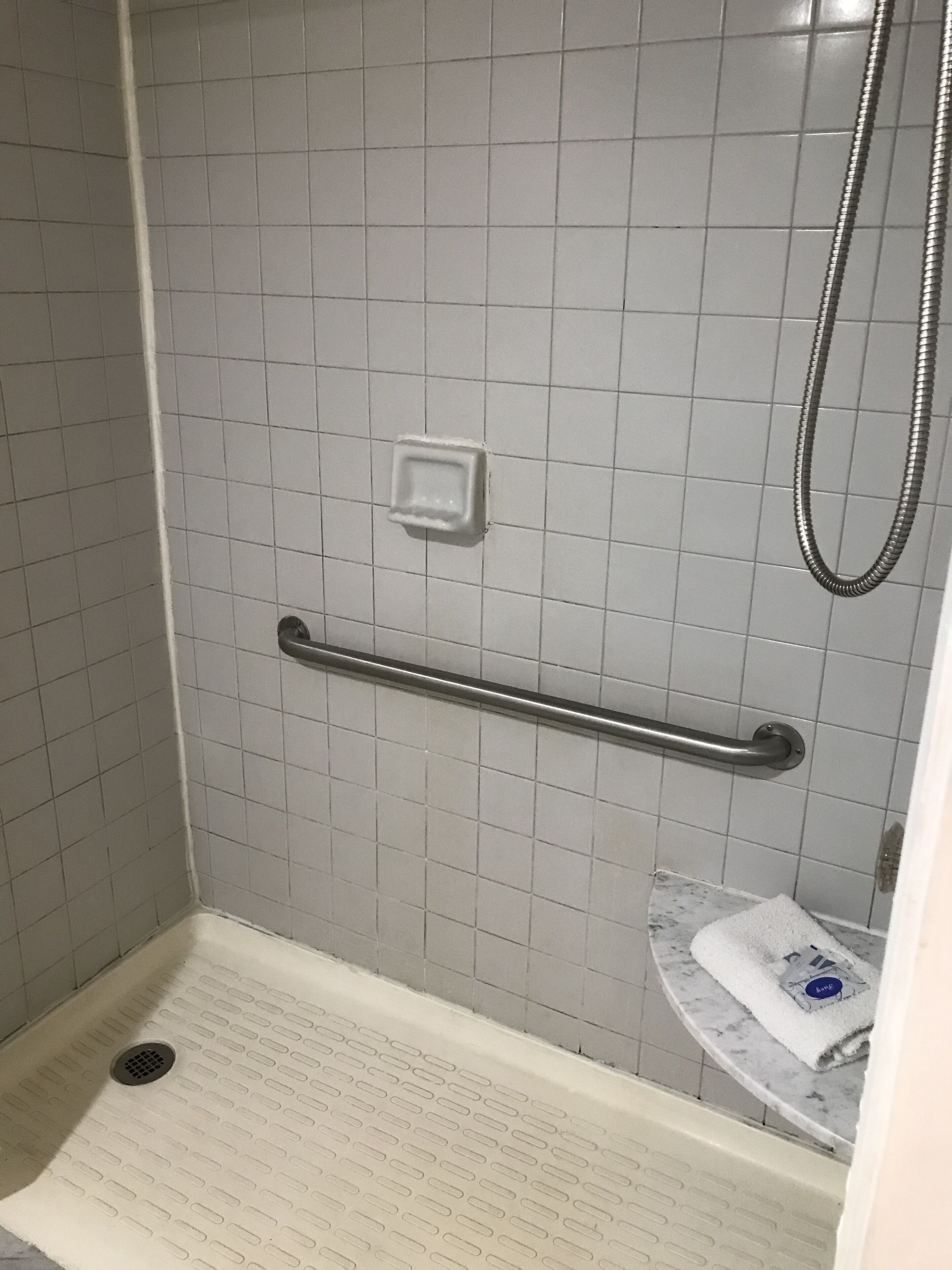 A shower area with a grab bar, a handheld showerhead, and a tiled floor.