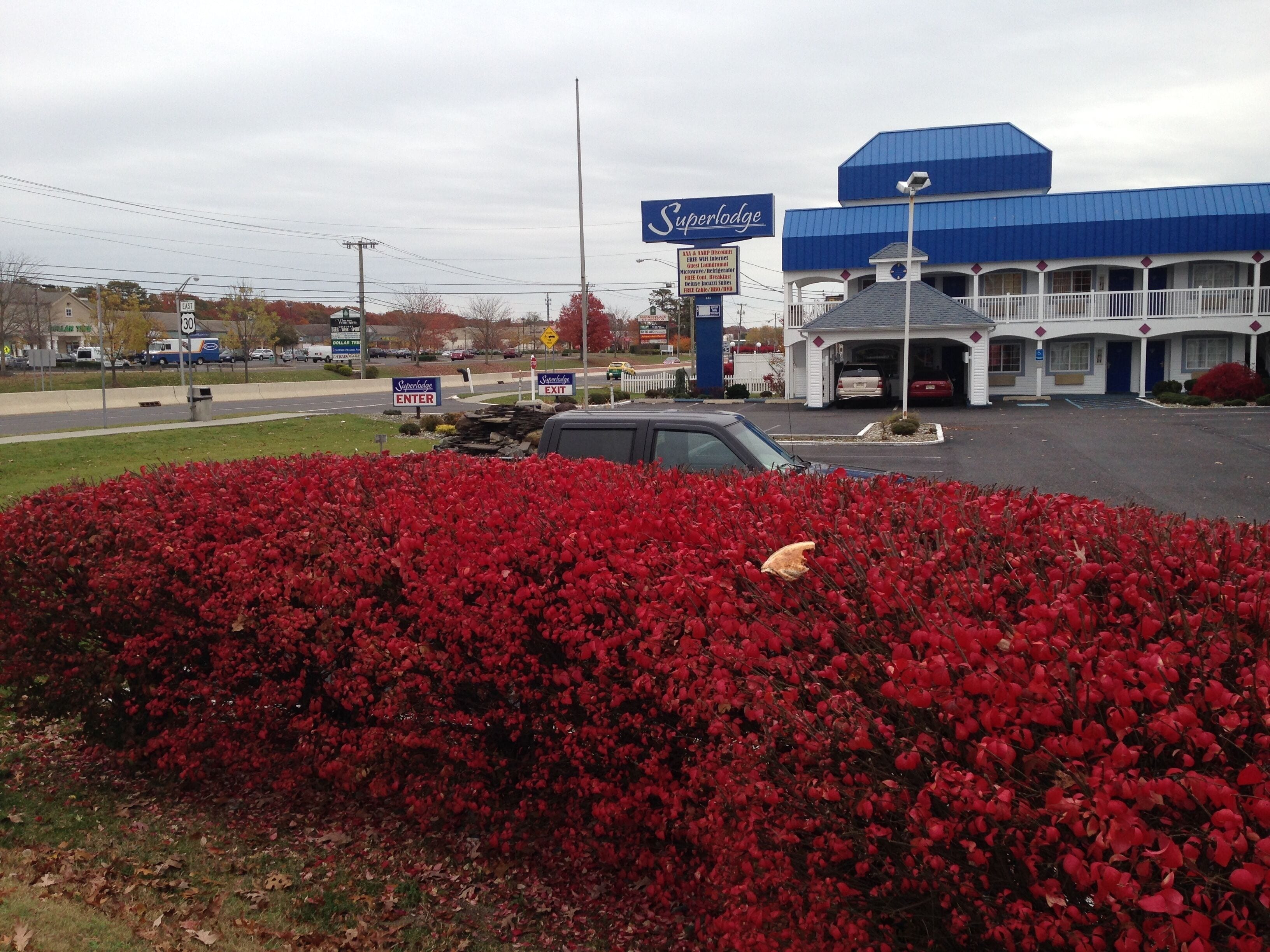 A motel with a blue roof and a signboard.