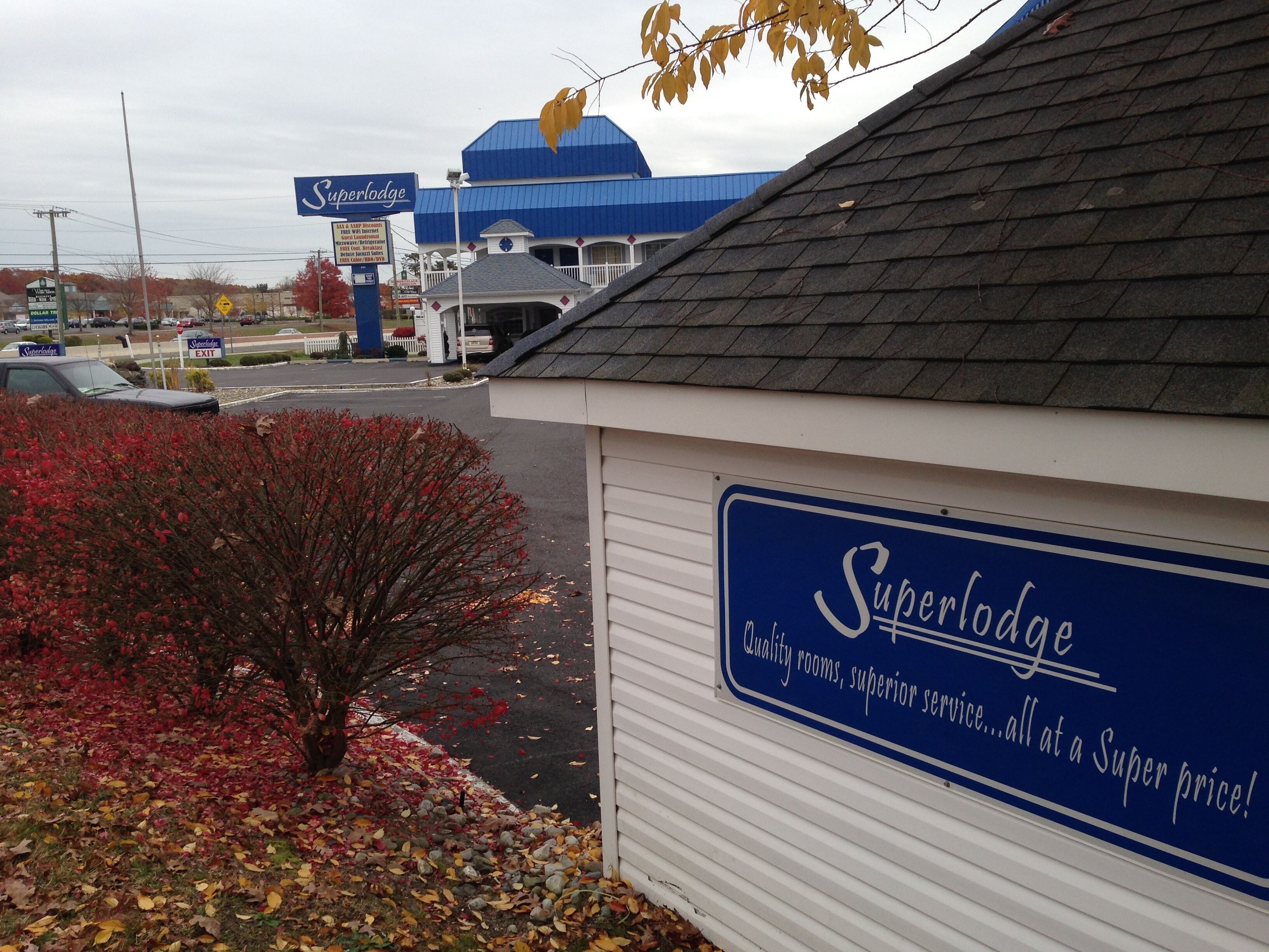 A Superlodge sign with a blue background and white lettering, indicating the name and slogan.