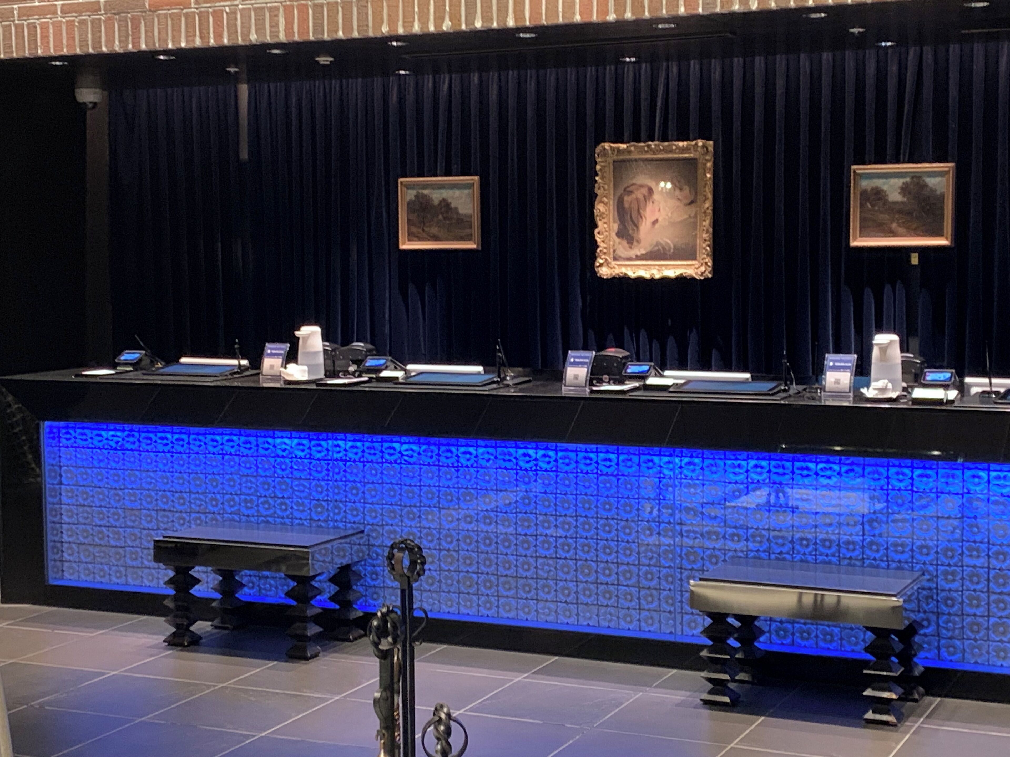 A reception area with a dark curtain backdrop, a blue patterned wall, and two framed pictures.