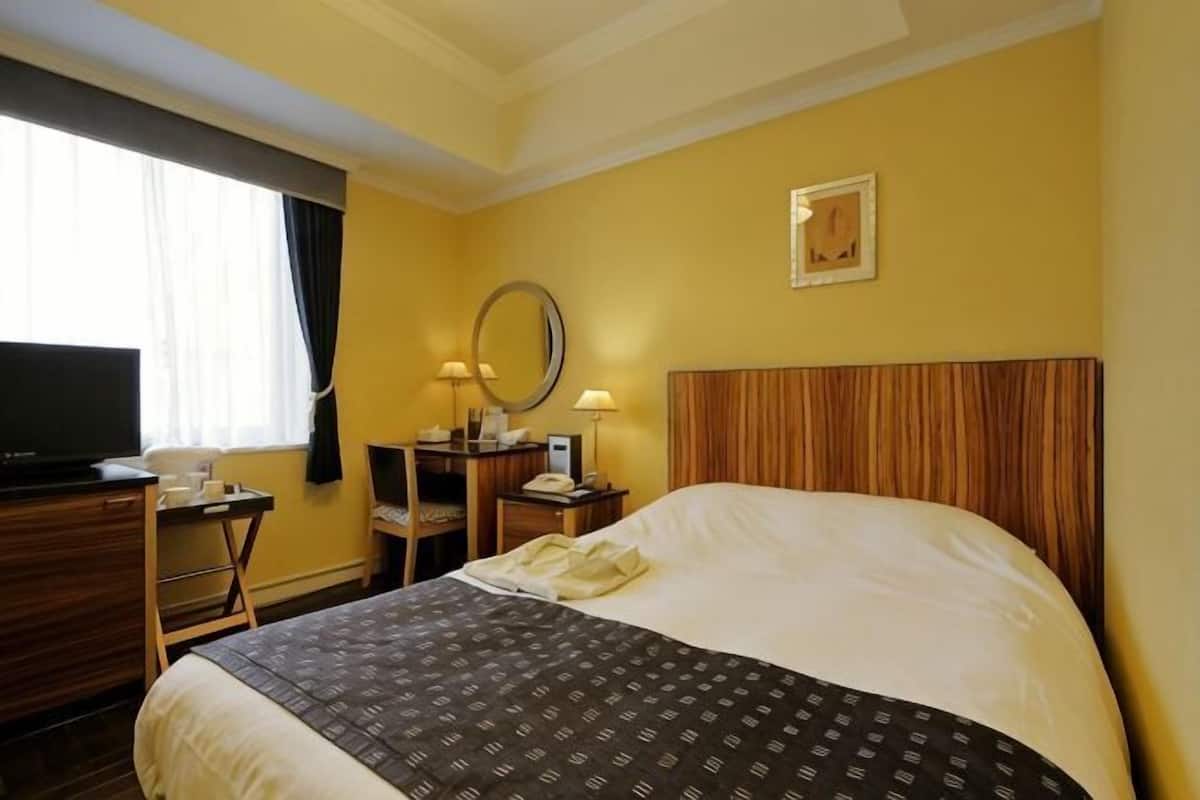 Une chambre d’h ôtel comprenant un lit, un bureau avec une chaise, une télévision, un miroir et une fenêtre avec des rideaux.